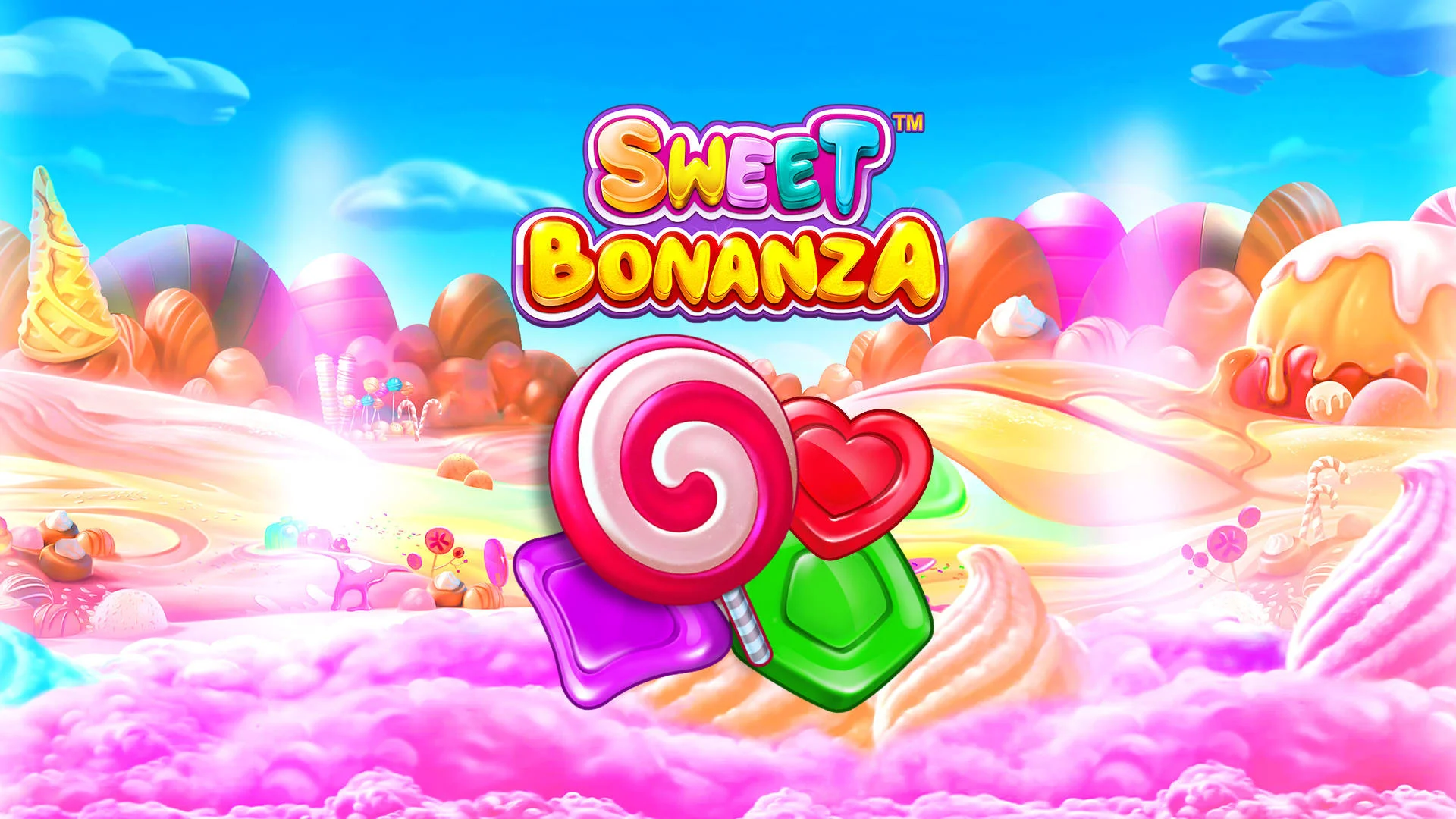 Sweet Bonanza slot artwork with its logo and candy landscape